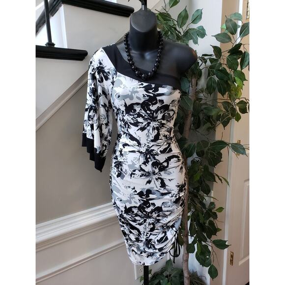 RUBY ROX Asymmetric Dress Womens Medium White Black Floral Ruched One Shoulder - Picture 1 of 11